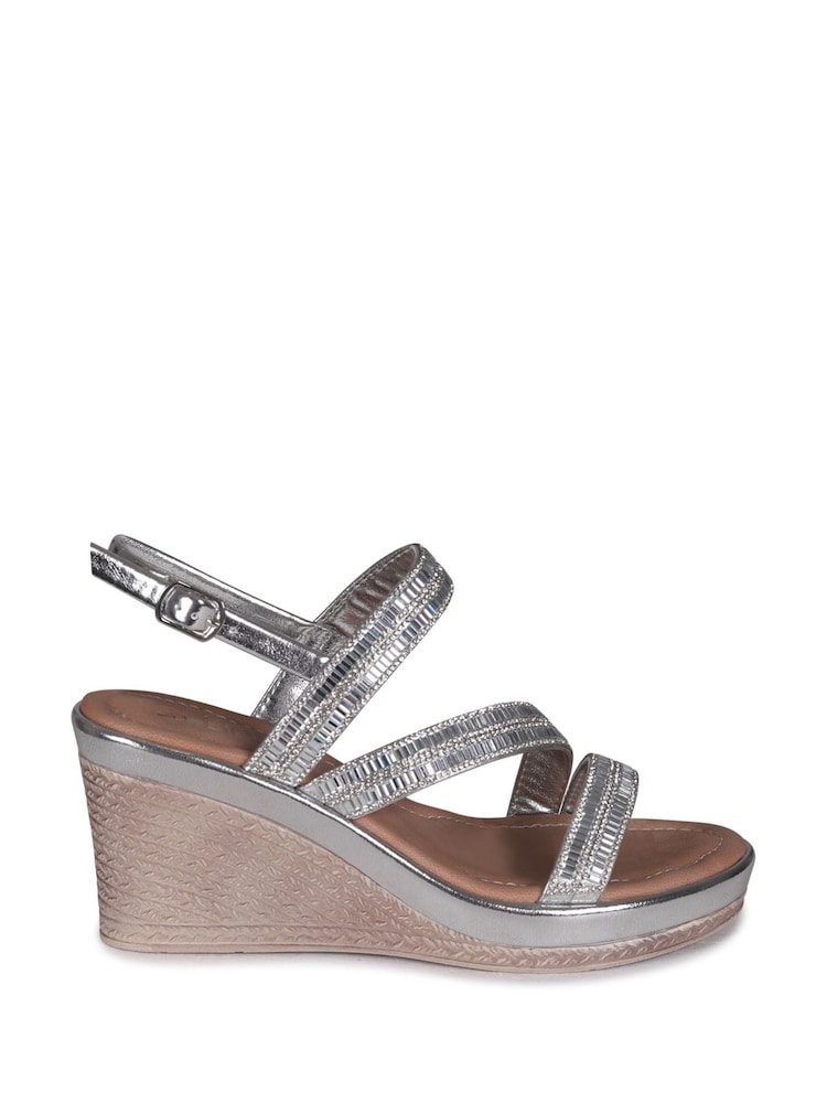 Linzi Silver Bianco Wedge Sandals With Embellished Strappy Front Detail - Image 2 of 4