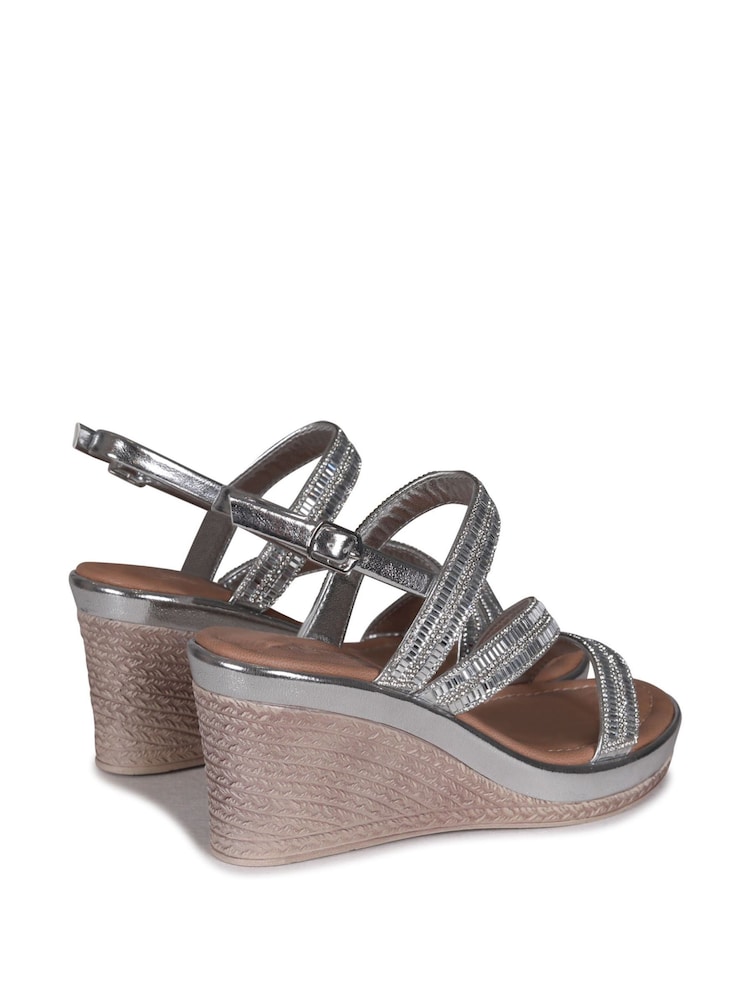 Linzi Silver Bianco Wedge Sandals With Embellished Strappy Front Detail - Image 4 of 4