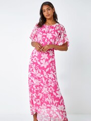 Roman Pink Floral Frill Detail Chiffon Dress - Image 1 of 5