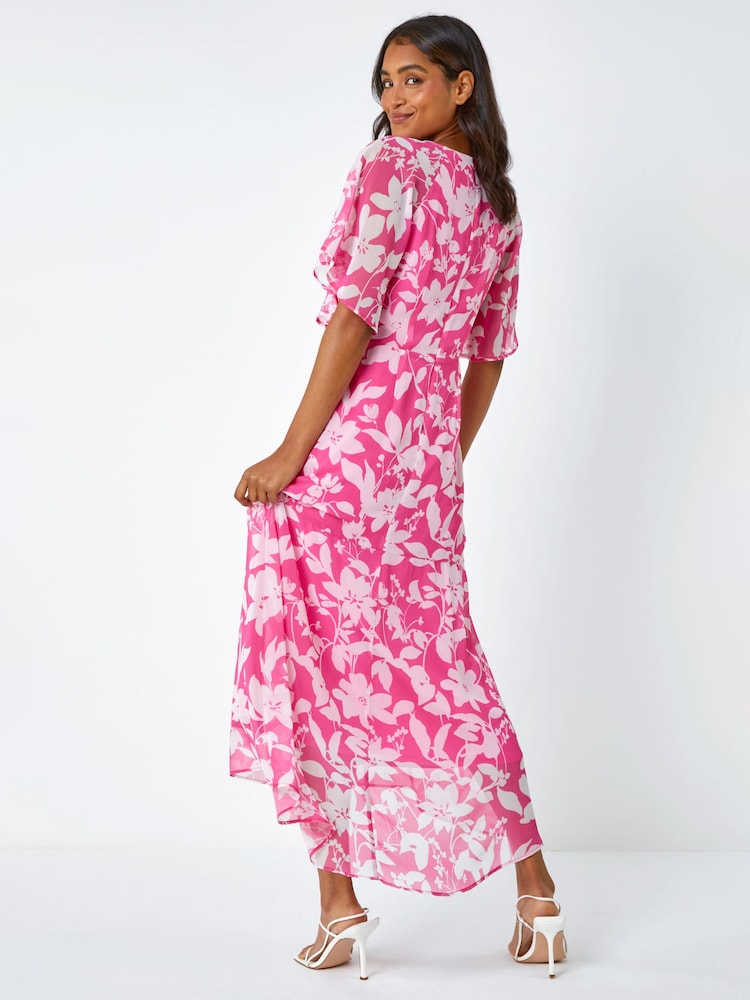 Roman Pink Floral Frill Detail Chiffon Dress - Image 2 of 5