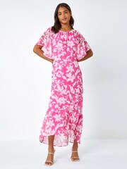 Roman Pink Floral Frill Detail Chiffon Dress - Image 3 of 5