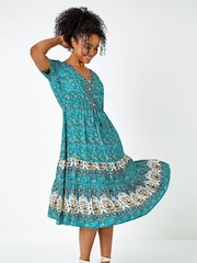 Roman Blue Petite Floral Border Print Midi Dress - Image 1 of 5