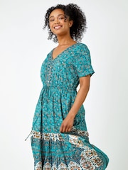 Roman Blue Petite Floral Border Print Midi Dress - Image 2 of 5