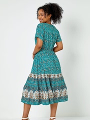 Roman Blue Petite Floral Border Print Midi Dress - Image 3 of 5
