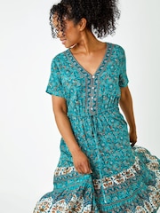 Roman Blue Petite Floral Border Print Midi Dress - Image 4 of 5