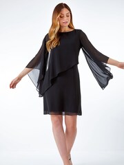 Roman Black Asymmetric Chiffon Overlay Shift Dress - Image 1 of 5