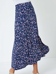 Roman Blue Floral Print Stretch Midi Skirt - Image 1 of 4
