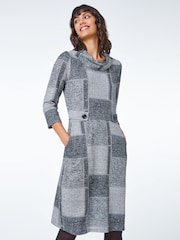 Roman Grey Patchwork Cowl Neck Button Detail Dress - Image 1 of 5