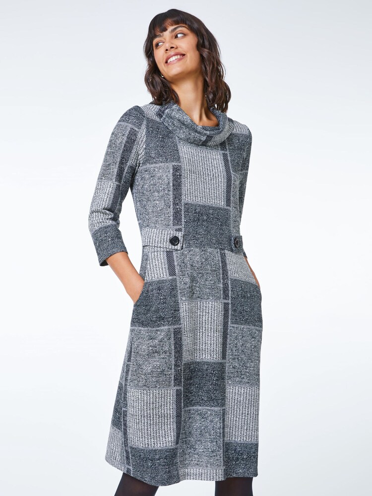 Roman Grey Patchwork Cowl Neck Button Detail Dress - Image 1 of 5