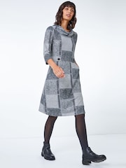 Roman Grey Patchwork Cowl Neck Button Detail Dress - Image 2 of 5