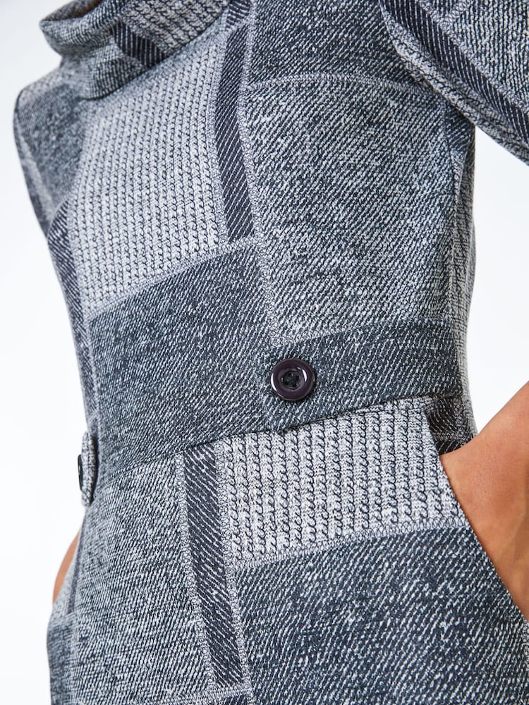 Roman Grey Patchwork Cowl Neck Button Detail Dress - Image 5 of 5