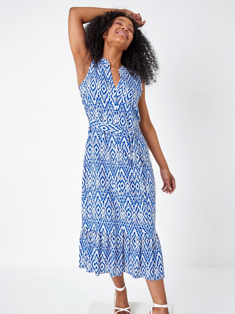 Roman Blue Petite Print Frill Shirt Dress - Image 1 of 5