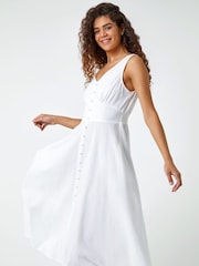 Roman White Textured Stripe Button Detail Midi 100% Cotton Dress - Image 1 of 5