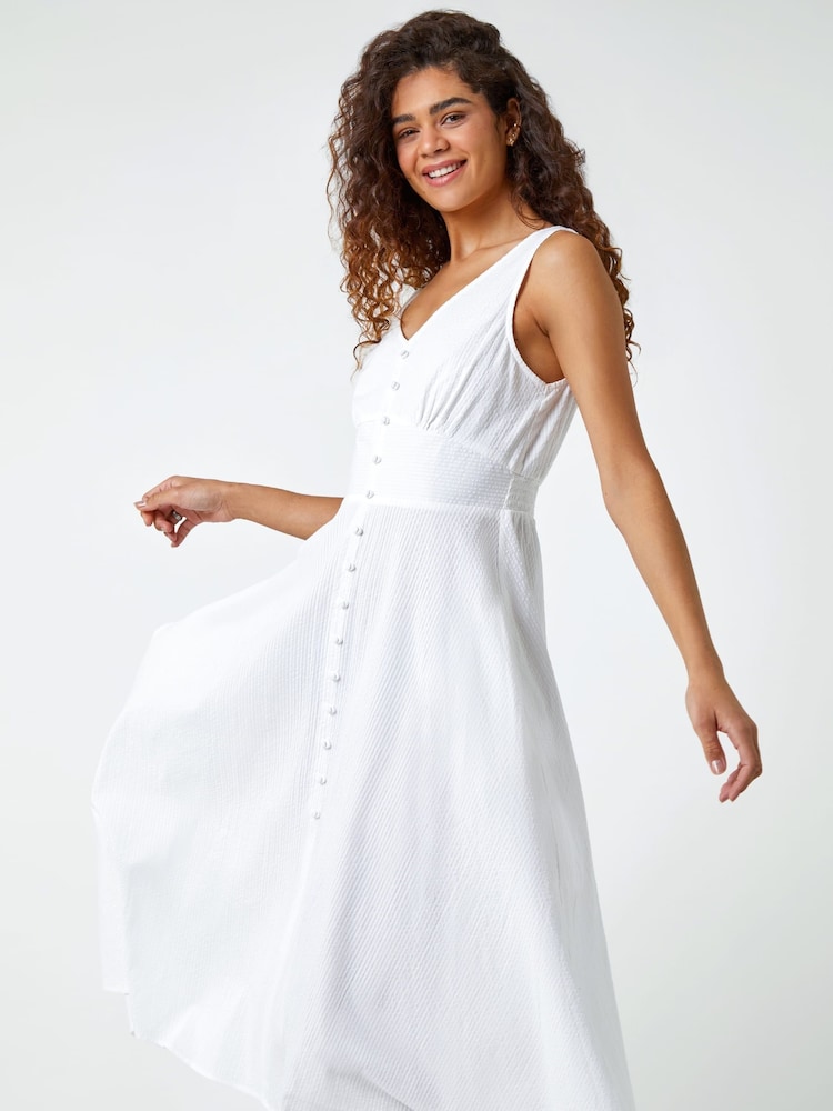 Roman White Textured Stripe Button Detail Midi 100% Cotton Dress - Image 1 of 5