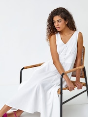 Roman White Textured Stripe Button Detail Midi 100% Cotton Dress - Image 2 of 5