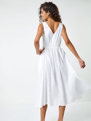 Roman White Textured Stripe Button Detail Midi 100% Cotton Dress - Image 4 of 5