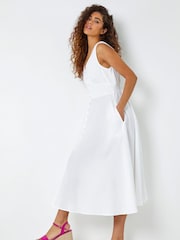 Roman White Textured Stripe Button Detail Midi 100% Cotton Dress - Image 5 of 5
