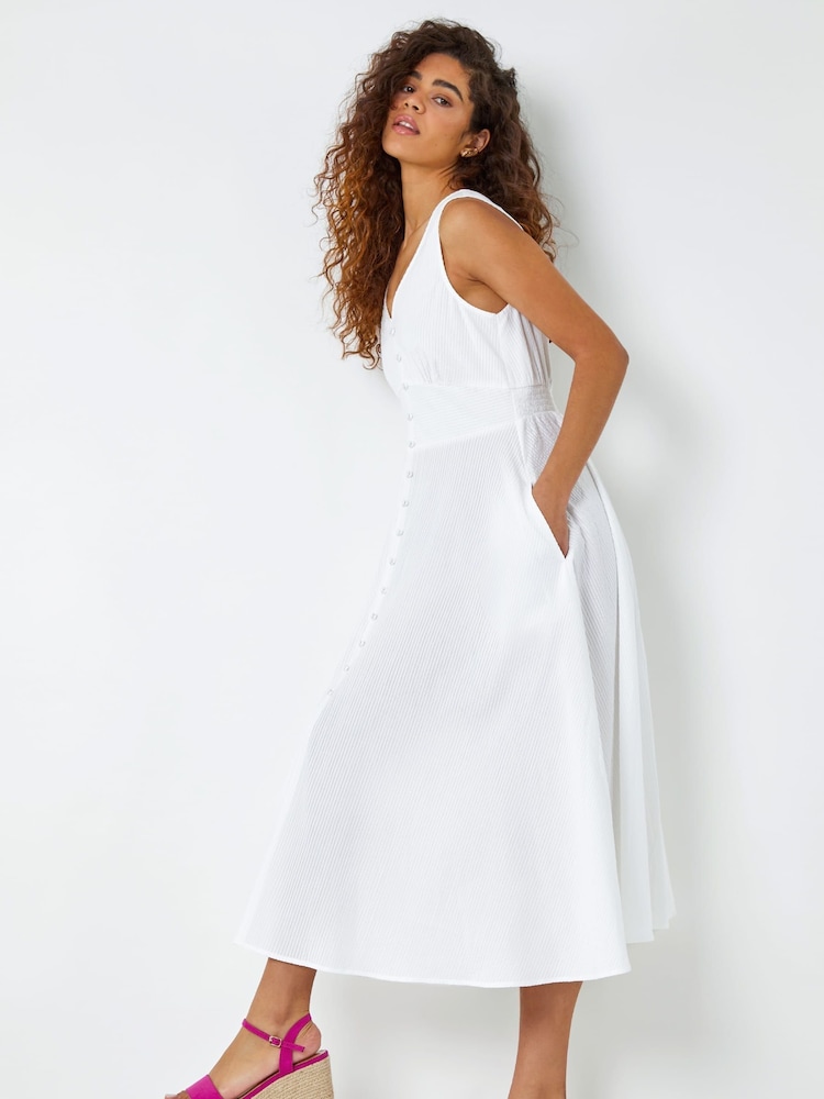 Roman White Textured Stripe Button Detail Midi 100% Cotton Dress - Image 5 of 5
