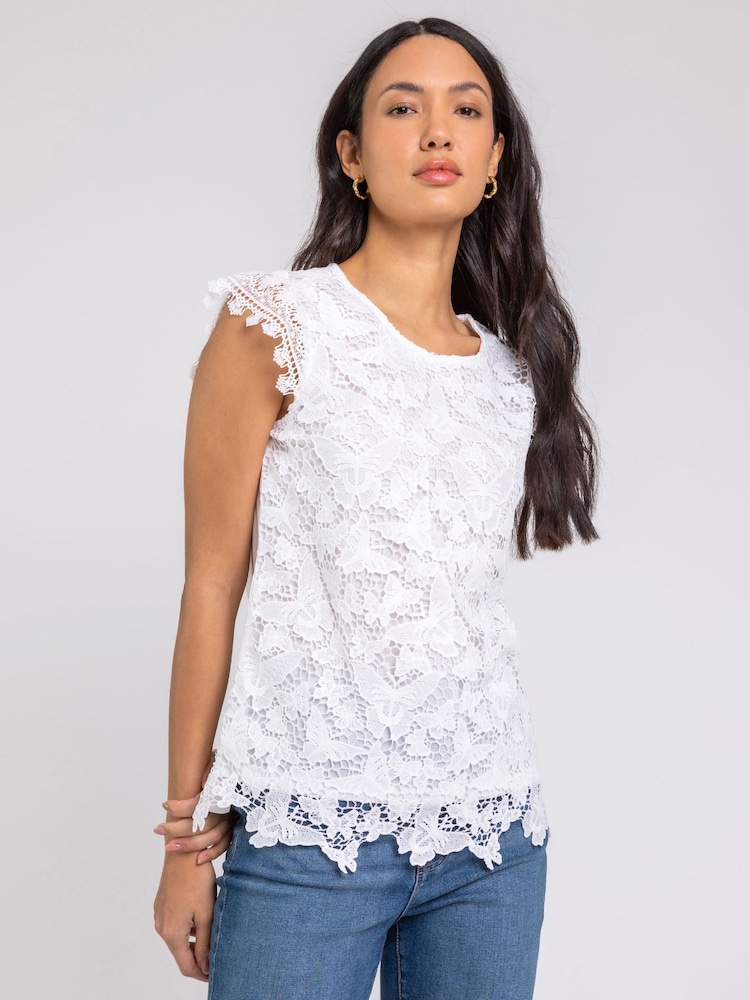 Roman White Broderie Butterfly Overlay Detail Top - Image 1 of 4
