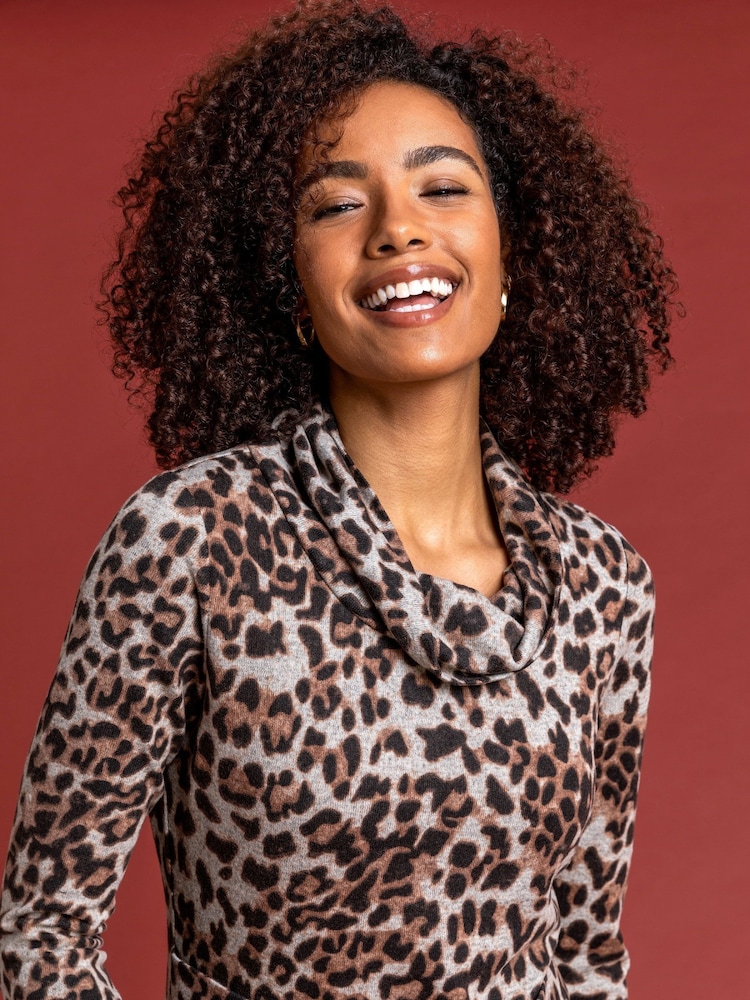 Roman Brown Animal Print Cowl Neck Dress - Image 4 of 4