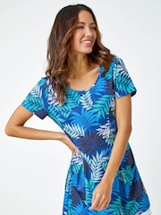 Roman Blue Palm Print Pocket Tunic Stretch Top - Image 1 of 5