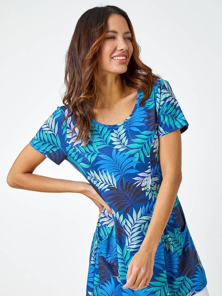 Roman Blue Palm Print Pocket Tunic Stretch Top - Image 1 of 5