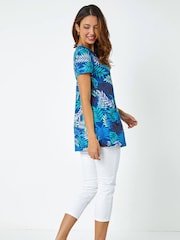 Roman Blue Palm Print Pocket Tunic Stretch Top - Image 2 of 5