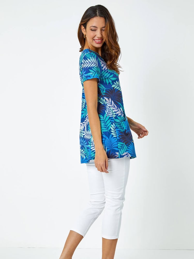 Roman Blue Palm Print Pocket Tunic Stretch Top - Image 2 of 5