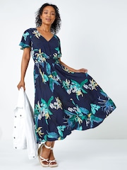 Roman Blue Petite Floral Shirred Midi Dress - Image 3 of 4