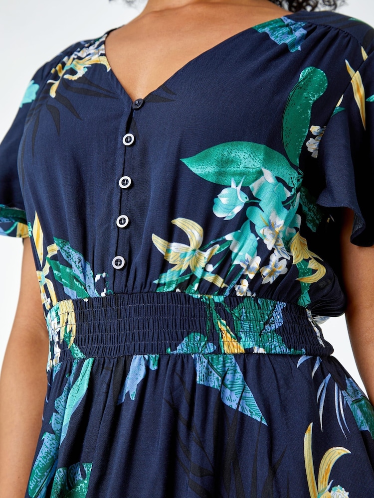 Roman Blue Petite Floral Shirred Midi Dress - Image 4 of 4