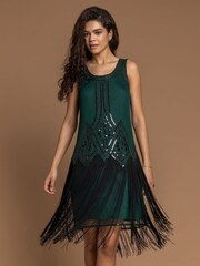 Roman Green Sequin Fringe Hem Flapper Dress - Image 1 of 5