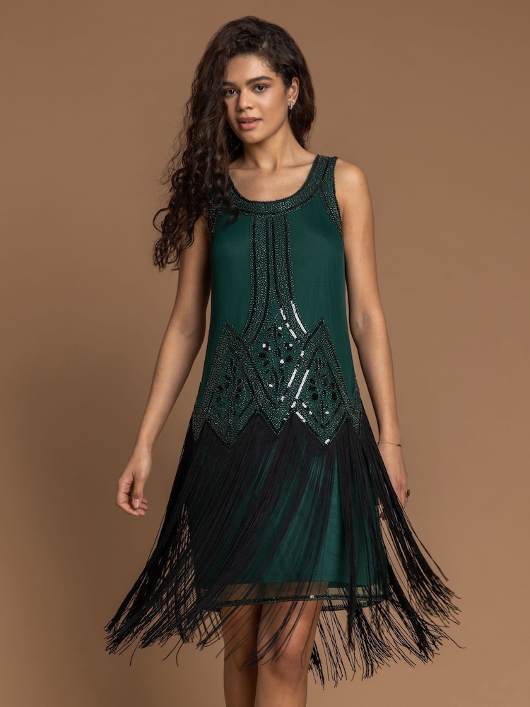 Roman Green Sequin Fringe Hem Flapper Dress - Image 1 of 5