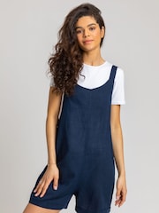 Roman Blue Shoulder Tie Detail Cotton/Linen Blend Playsuit - Image 1 of 5