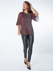 Roman Red Metallic Plisse Overlay Top - Image 3 of 5