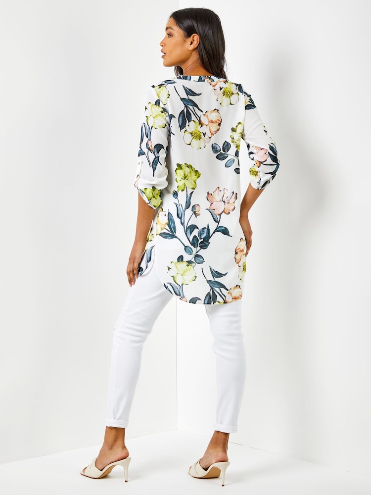 Roman White Longline Button Detail Floral Print Top - Image 2 of 4