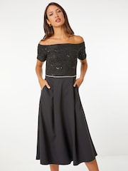 Roman Black Lace Bardot Fit & Flare Midi Dress - Image 1 of 4
