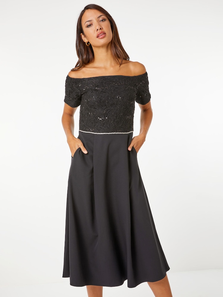 Roman Black Lace Bardot Fit & Flare Midi Dress - Image 1 of 4