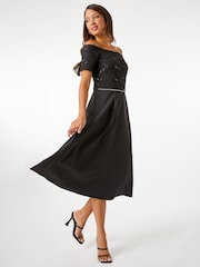 Roman Black Lace Bardot Fit & Flare Midi Dress - Image 3 of 4
