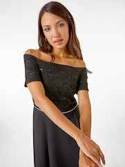 Roman Black Lace Bardot Fit & Flare Midi Dress - Image 4 of 4