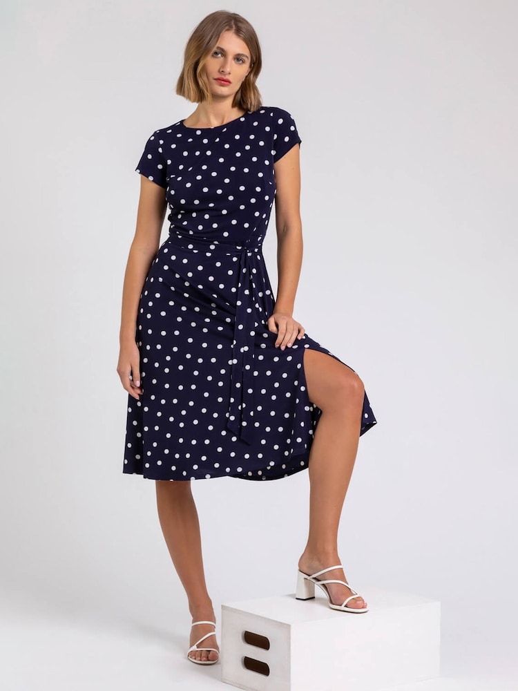 Roman Blue Tie Waist Spot Print Dress - Image 1 of 5