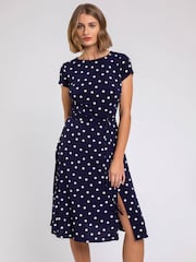 Roman Blue Tie Waist Spot Print Dress - Image 2 of 5