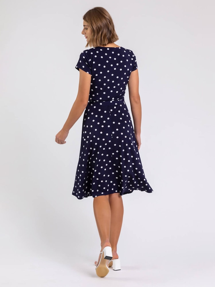 Roman Blue Tie Waist Spot Print Dress - Image 3 of 5