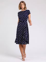 Roman Blue Tie Waist Spot Print Dress - Image 4 of 5