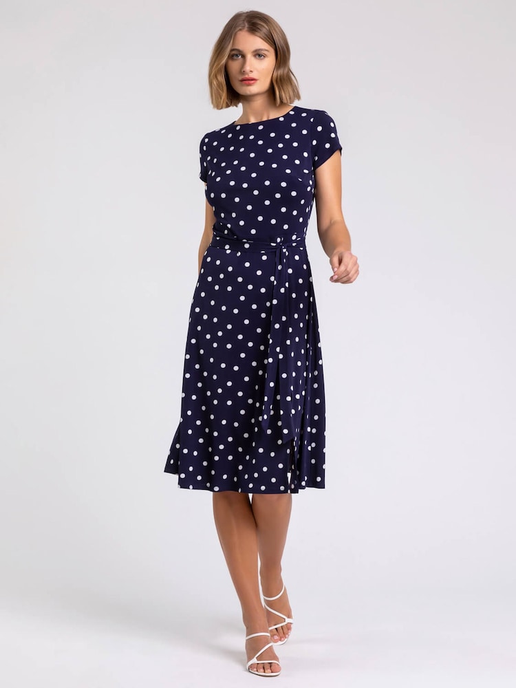 Roman Blue Tie Waist Spot Print Dress - Image 4 of 5