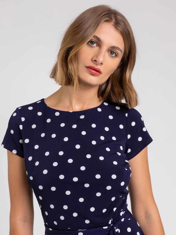 Roman Blue Tie Waist Spot Print Dress - Image 5 of 5