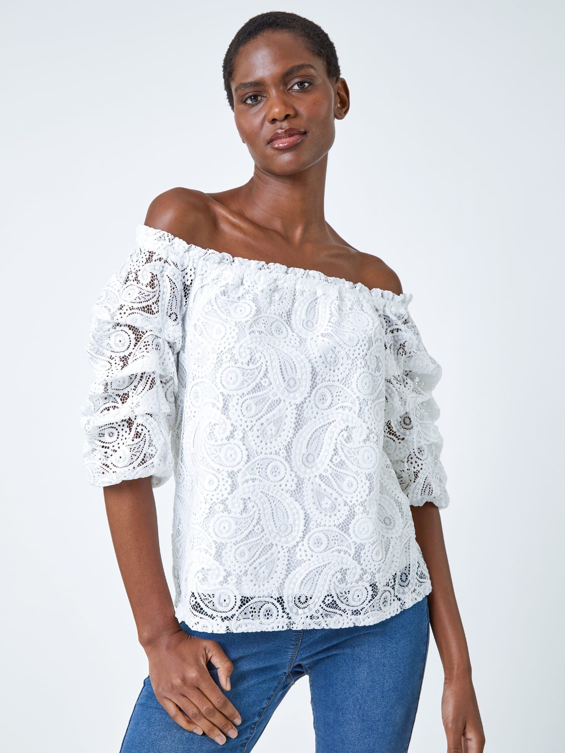 white ruched bardot top