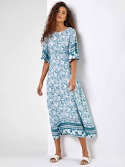 Roman Blue Floral Border Print Midi Dress - Image 1 of 5