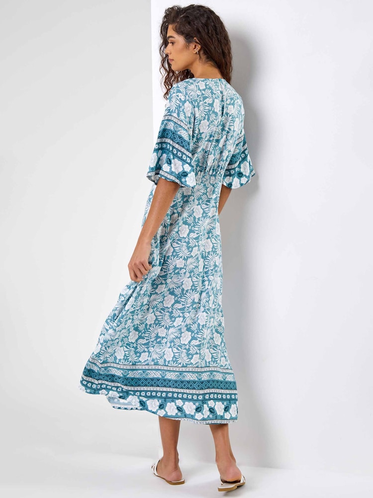 Roman Blue Floral Border Print Midi Dress - Image 2 of 5