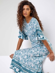 Roman Blue Floral Border Print Midi Dress - Image 4 of 5