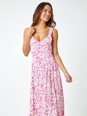 Roman Pink Sleeveless Floral Midi Stretch Dress - Image 1 of 5